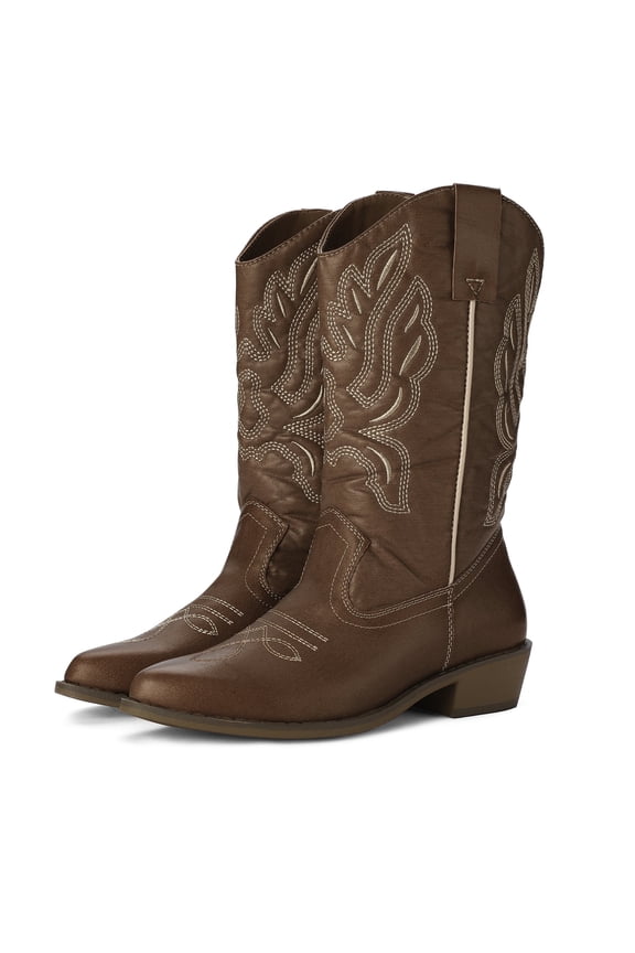 Pennysue Women's Western Cowboy Boots Brown Mid-Calf Pointed Toe Boots for Dancing Wedding Traveling Daily Outfits 7.5M