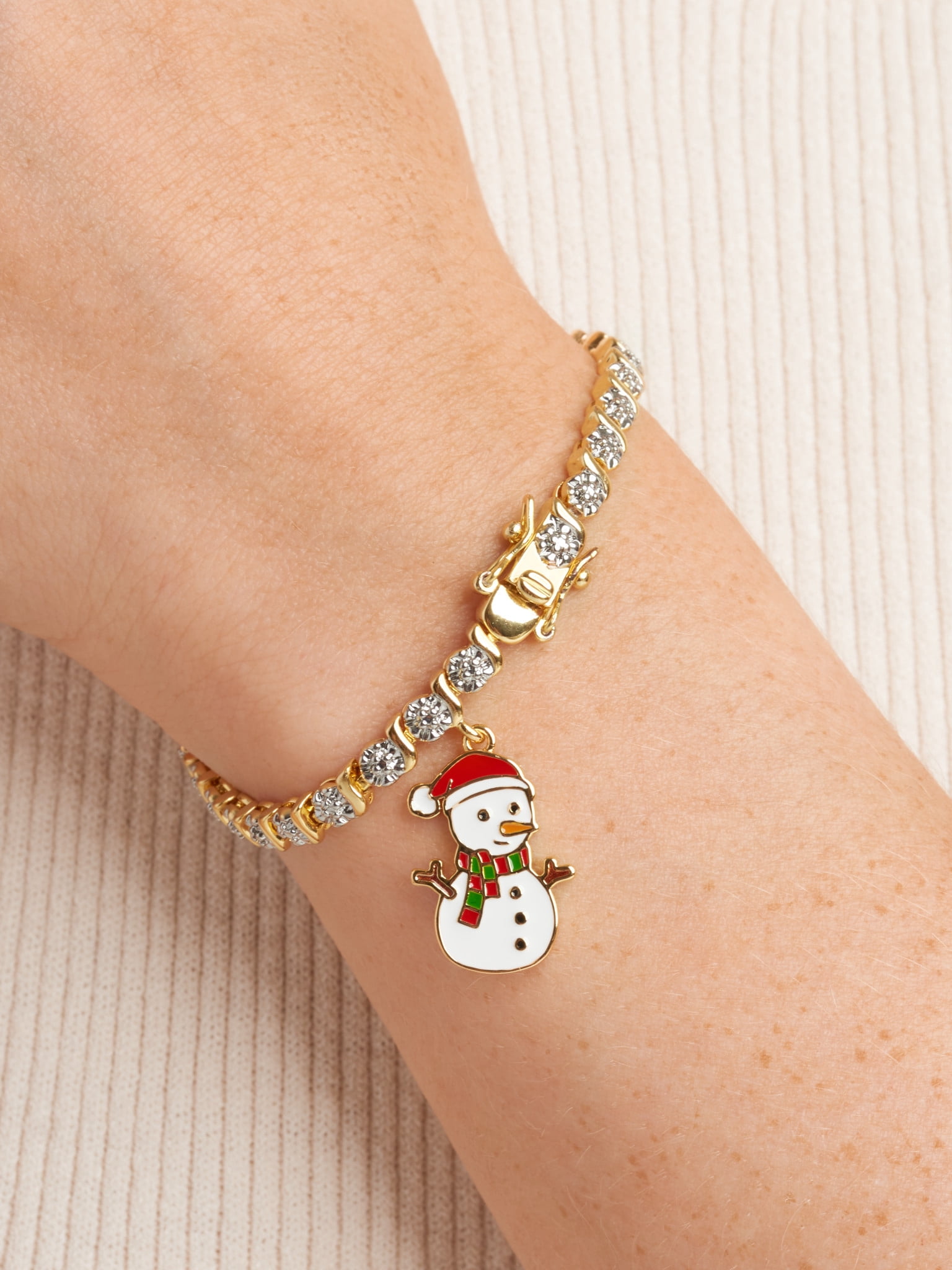Fine Silver Plated Diamond Accent "S" Link Gold Tone Tennis Bracelet With Enamel Snowman Charm 7.25"