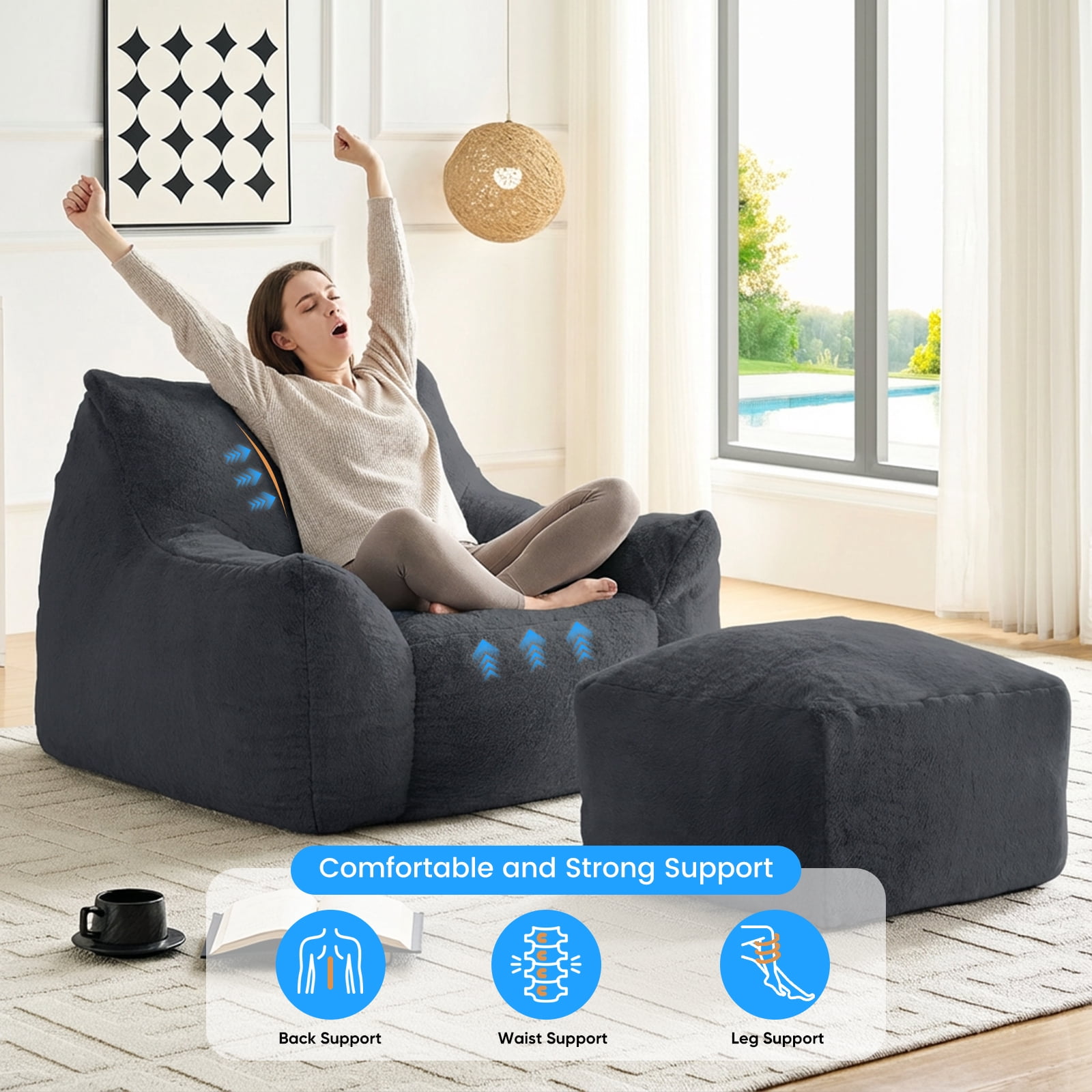 BALUS 42" Faux Fur Bean Bag Chair with 23" Ottoman and Armrests, Bean Bag Chair for Adults, Comfy Chair with Armrests for Bedroom, Dark Gray