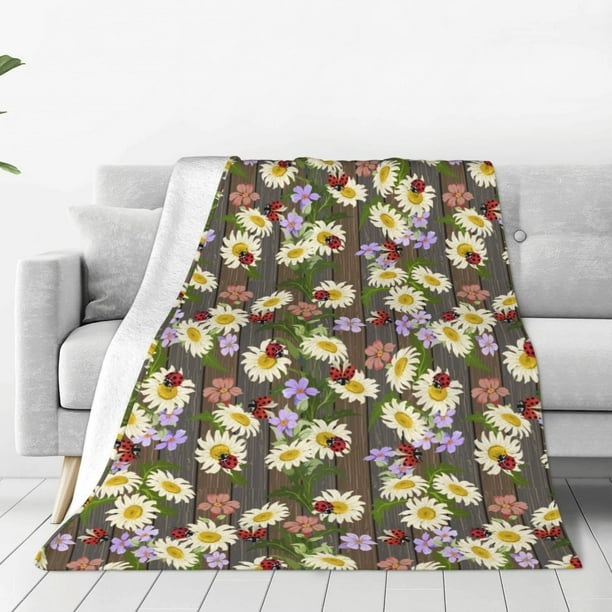 Balery Ladybugs And Flowers On A Wooden Manta de Felpa Suave y Acogedora – Cobija de Franela Aterciopelada para Cama, Lavable y Cálida para Sofá, Mascotas, Transpirable-40"x30"