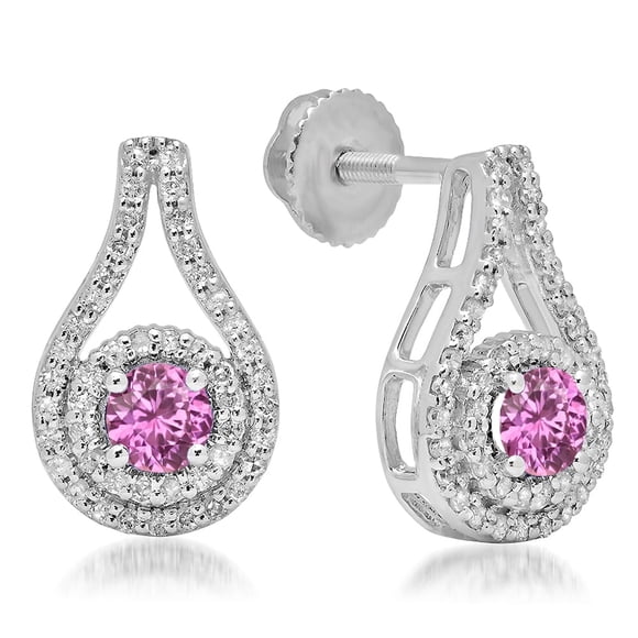 1.10 Carat (ctw) 18K White Gold Round Cut Pink Sapphire & White Diamond Ladies Halo Style Drop Earrings 1 CT