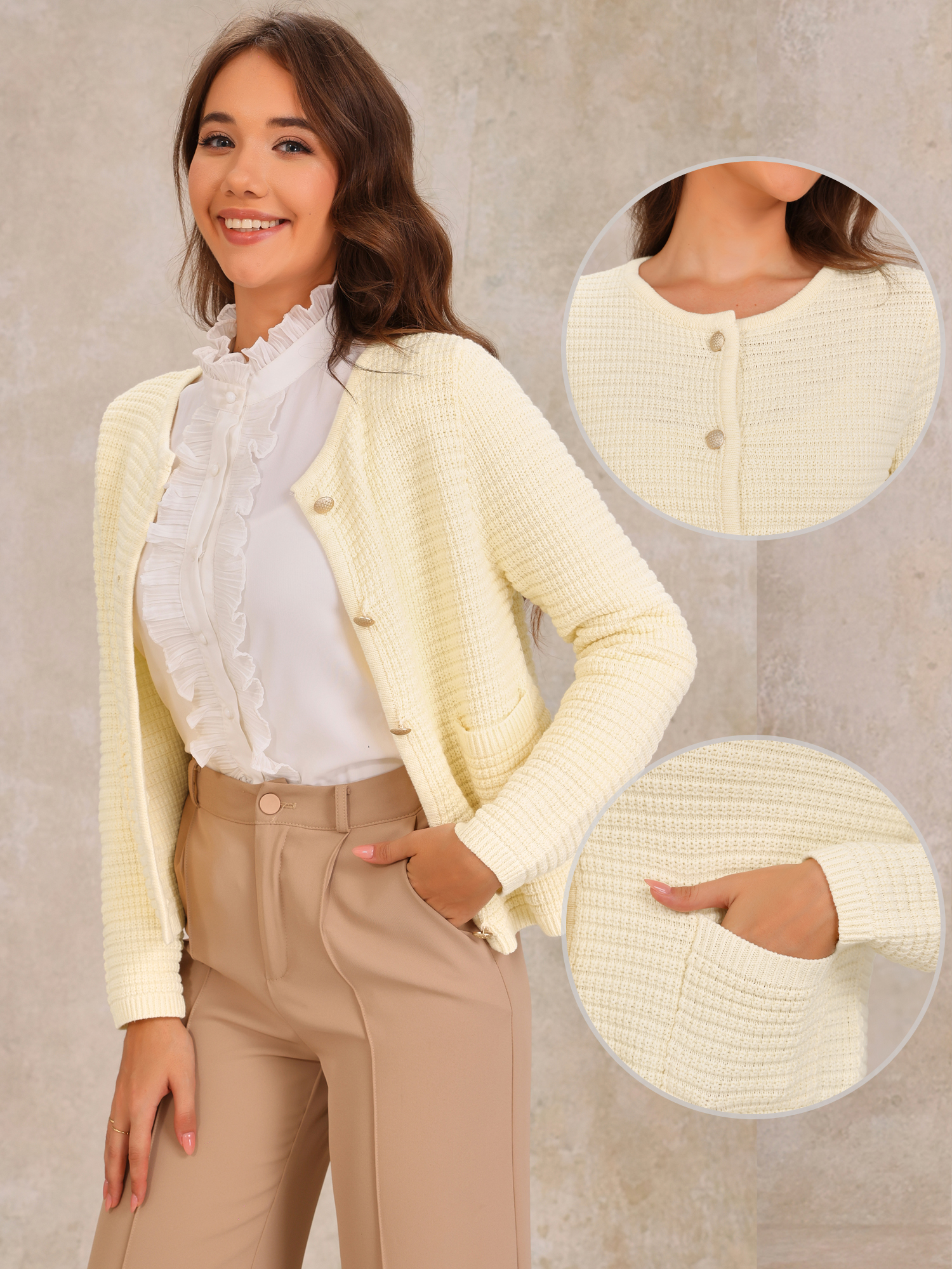DARING DIVA Coats Waffle Knit Open Front Cardigan Button Up Sweater M Cream