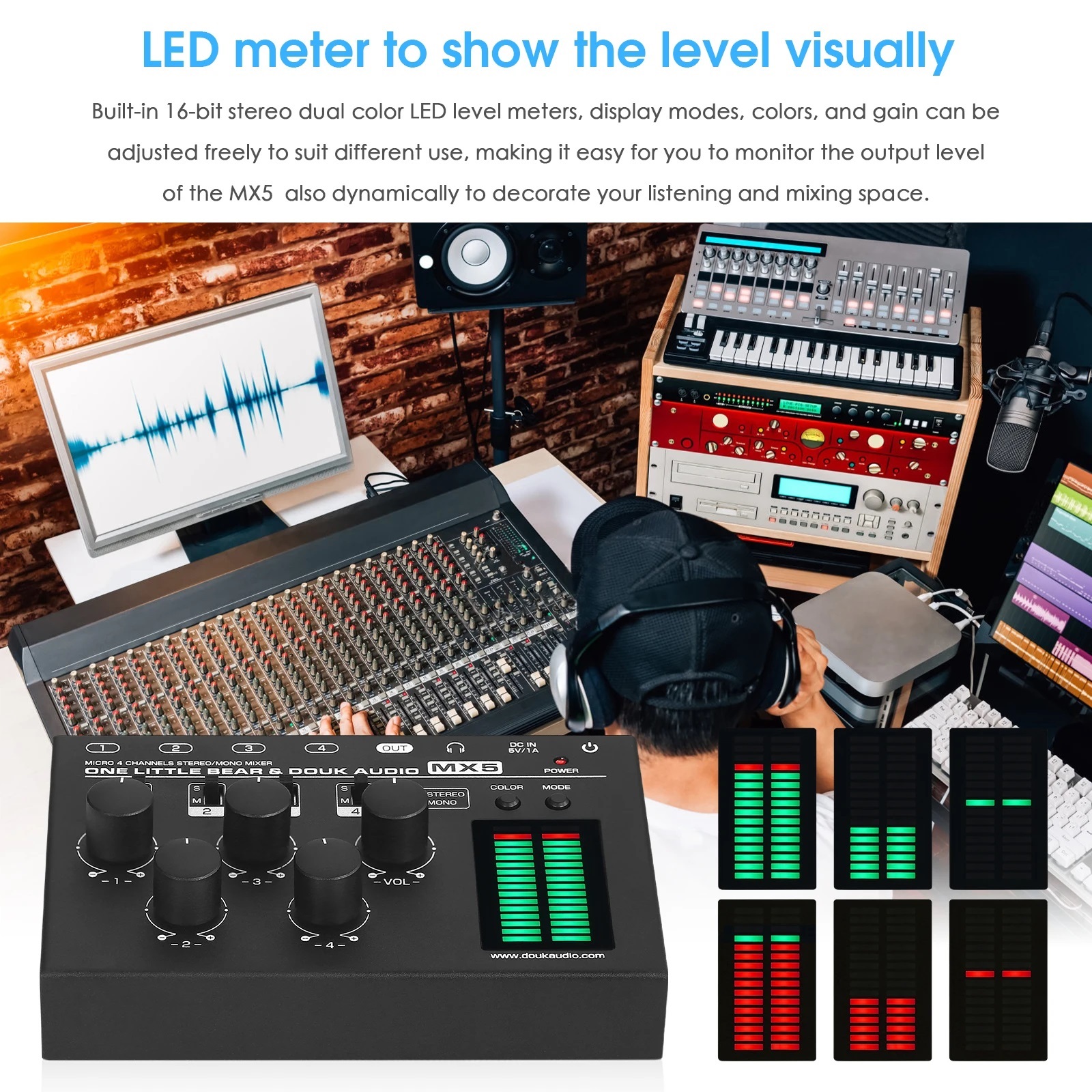 Little Bear MX5 Mono/Stereo 4 Channel Audio Mixer Ultra Low-Noise Line Mixer 6.35/3.5mm LED Level Meter for home/Studio ,Easy to Operate