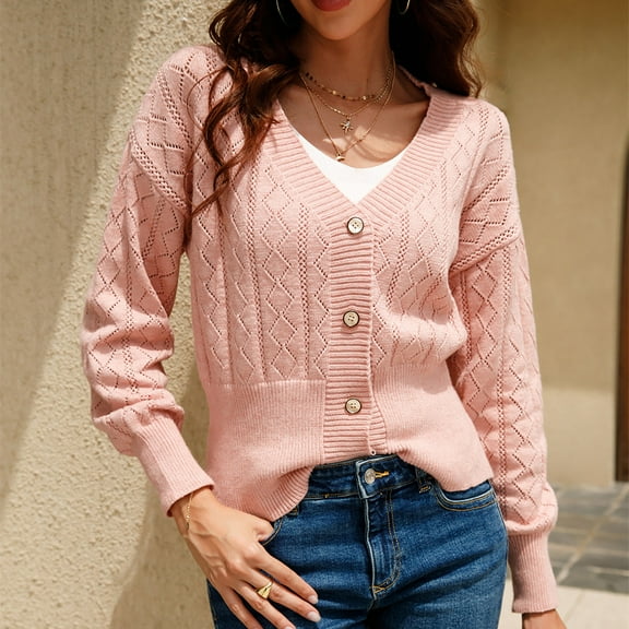 Solid Color V-Neck Sweater for Women Long Sleeve Button Knit Tops Hollow Out Loose-Fit Casual Cardigan