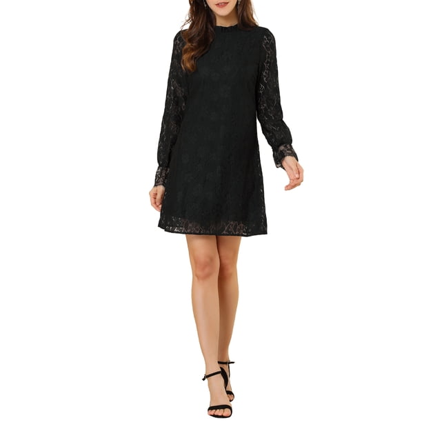 INSPIRE CHIC Vestido Mini Casual de Encaje Floral con Cuello Redondo y Mangas Largas para Mujer XS Negro
