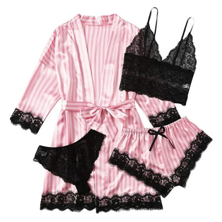

beppter women sleepwear 4-piece garter lingerie set robes lace bodysuit deep-v neck underwear
