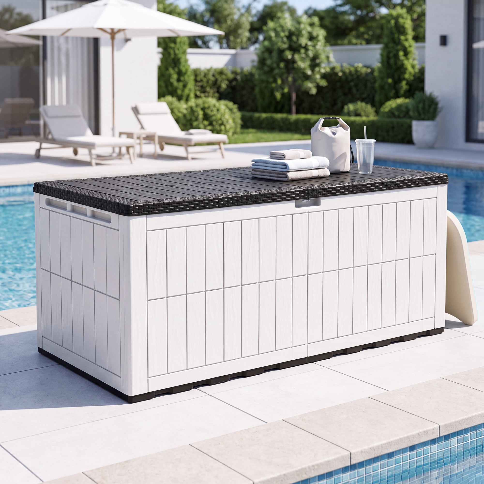 Uforic XXL 240 Gallon Waterproof Resin Deck Box, Lockable 3-Person Outdoor Storage Bench for Patio Cushions, Garden Tools & Pool Supplies