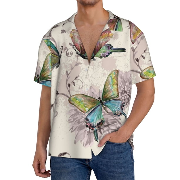 Fotbe Flying Butterflies-1 Camisa Estampada de Manga Corta para Hombre, Casual de Verano, Estilo Playero, Sin Arrugas-Small