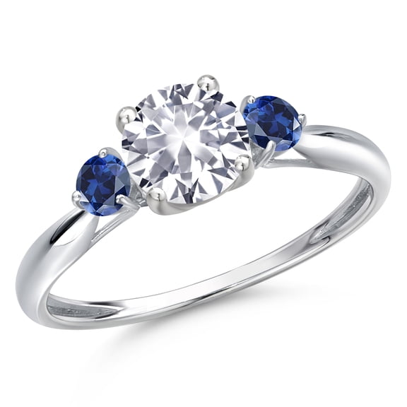 Gem Stone King 10K White Gold White Created Sapphire and Blue Created Sapphire 3-Stone Ring for Women | 1.28 Cttw | Round 6MM | Gemstone September Birthstone | Size 7
