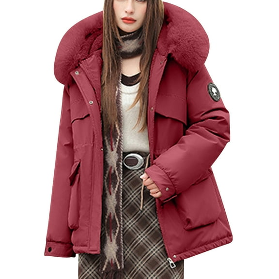 PiGOGI Women's Winter Jacket Hooded Warm Casual Fashion Winter Coat Fall Outerwear Red XL
