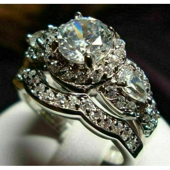 3 Ct Round Cut VVS1 Moissanite Engagement Bridal Ring Set 14K White Gold Plated