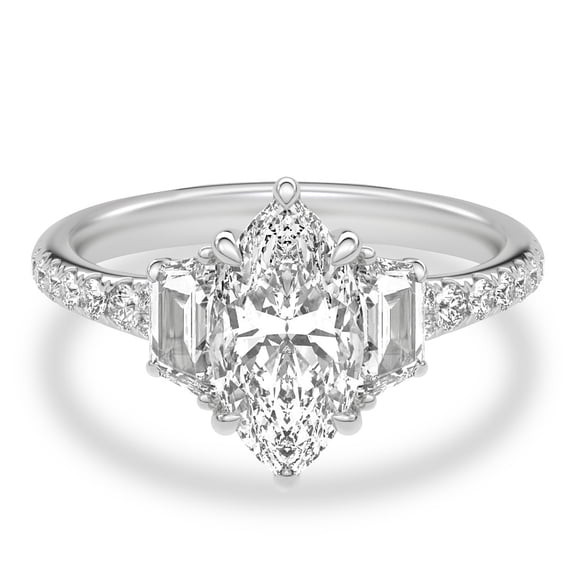Blue Jewel 2.13 Ct Marquise Cut Diamond Engagement Ring - Striking 3 Stone Design with Side Accents - Lab-Created Diamond - 14K White Gold Plated Ring - Special Gift for Her