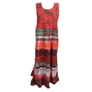 Mogul Women's Printed Dress Red Cotton Sleeveless Summer Fashion Hippie Chic Dresses