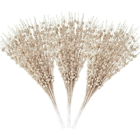 Asunby 24-Pack Artificial Glitter Berry Stem Ornaments, Decorative Bead Sticks, Glittery Twigs, Picks, Branches for Christmas Tree, Small Vase, Holiday, Wedding, Party (17 Inches, Champagne)