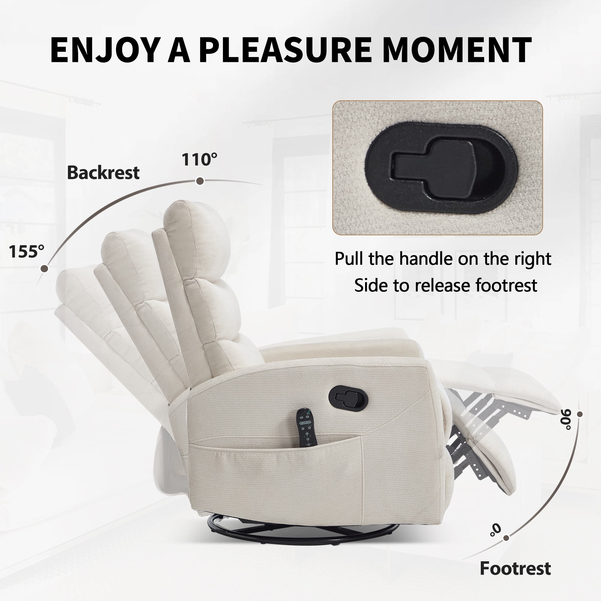 HSUNNS 360° Swivel Rocker Recliner Chair with Heat Massage, Chenille Manual Single Rocker Sofa Recliner Chair with Side Pockets for Living Room Home Theater, Beige