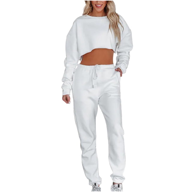 IROINNID Survêtement pour Femmes Ensemble 2 Pcs Économies Col Rond Couleur Unie Chandail Court Nombril Chandail à Manches Longues Décontracté Pantalon à Cordon Costume Ensemble Athlétique, Blanc
