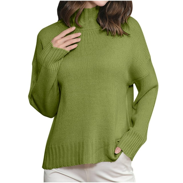 Hauts Décontractés pour Femmes Vert Lime Armée Blouses à Manches Longues pour Femmes Col Ras du Cou Col Roulé Chandail à Blocs de Couleur Crochet Basique Automne Hiver Chemises 2025 Vêtements Y2K m