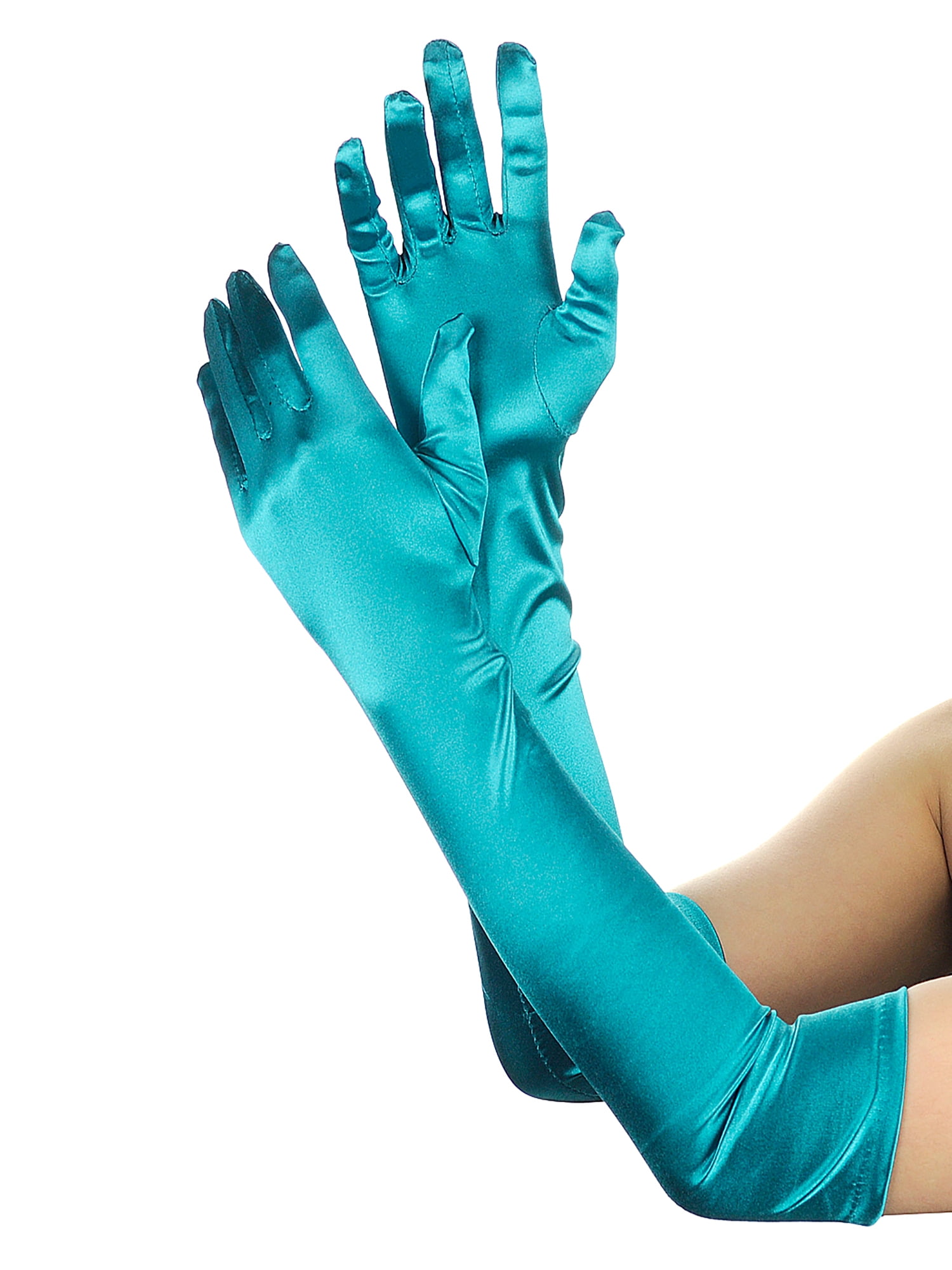 teal satin gloves