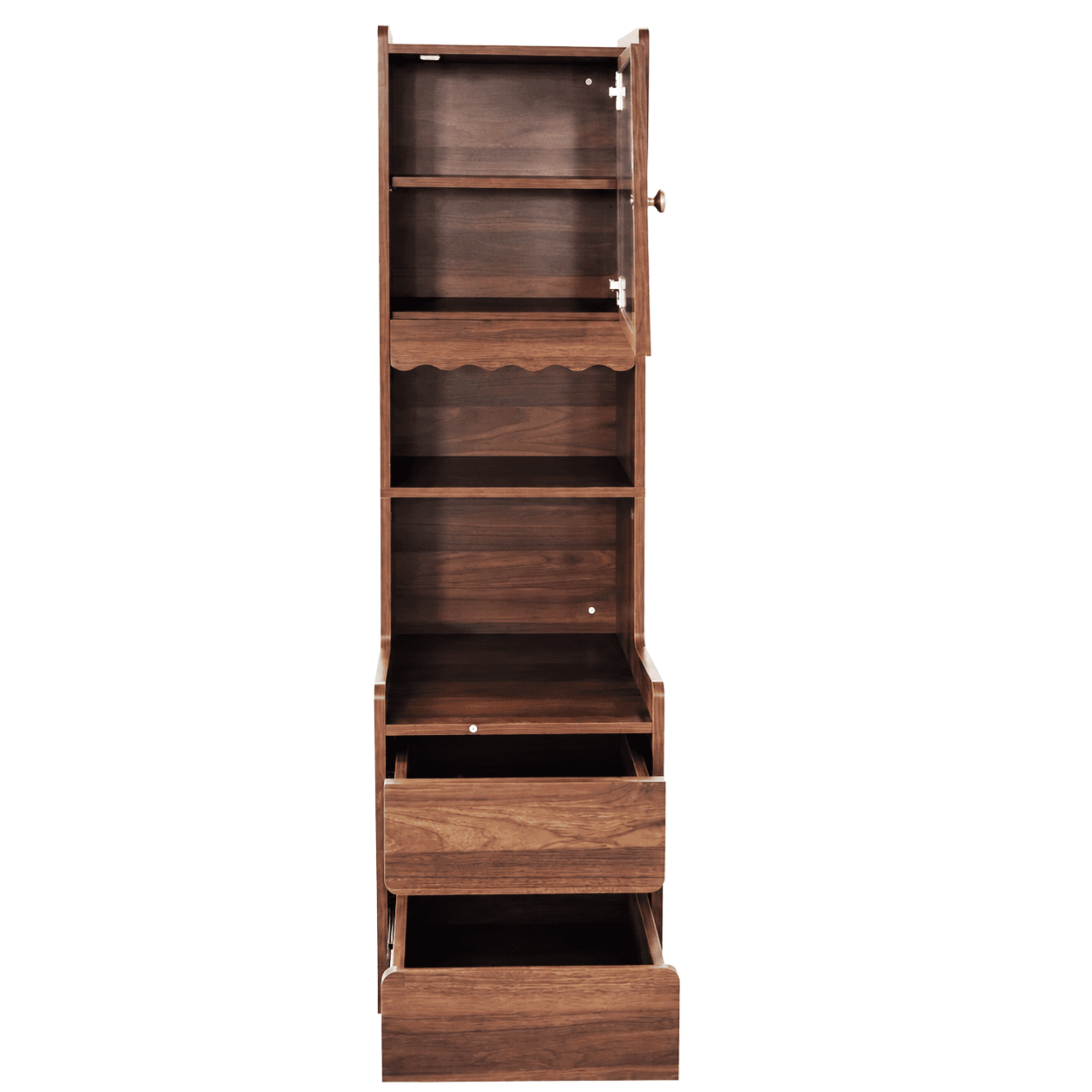 Tall Nightstand with Glass Door, Mid-Century Modern Bedside Table with Open Shelves and 2 Drawers, Walnut Wood Night Stand & Bookshelf for Bedroom, Living Room