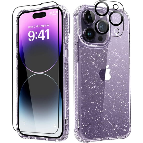 for iPhone 14 Pro Max Case with Screen Protector   Camera Lens Protector, [Non-Yellowing] Clear Glitter Phone Case, Shockproof Protective Women Cute Bumper Cover for 6.7 Inch - Sparkle Clear