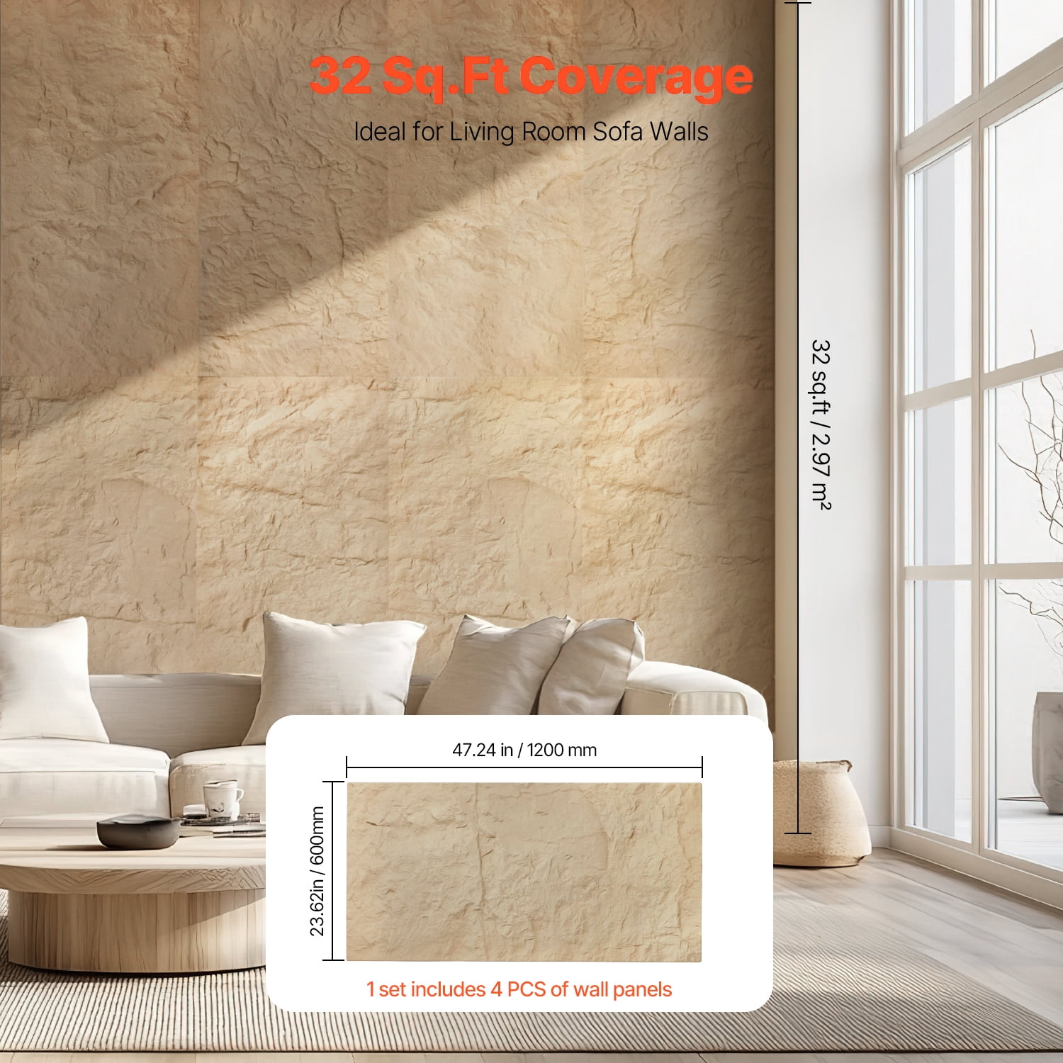 KFFKFF 3D Wall Coverings PU Faux Stone Wall Art Tiles, Set of 4,48 x 24 inches