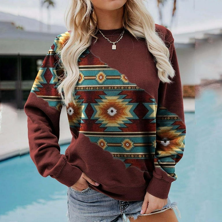 Aztec Print Pullover Sweatshirt, Casual Long Sleeve Crew Neck Sweatshirt  For Fall & Winter, Women's Clothing