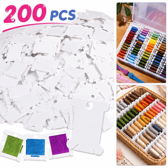 200 PCS Embroidery Floss Bobbins, Plastic Embroidery Floss Organizer, White Sewing Machine Bobbin for Cross Stitch, Thread Holder Sewing Storage for Sewing Thread, Needlework Supplies