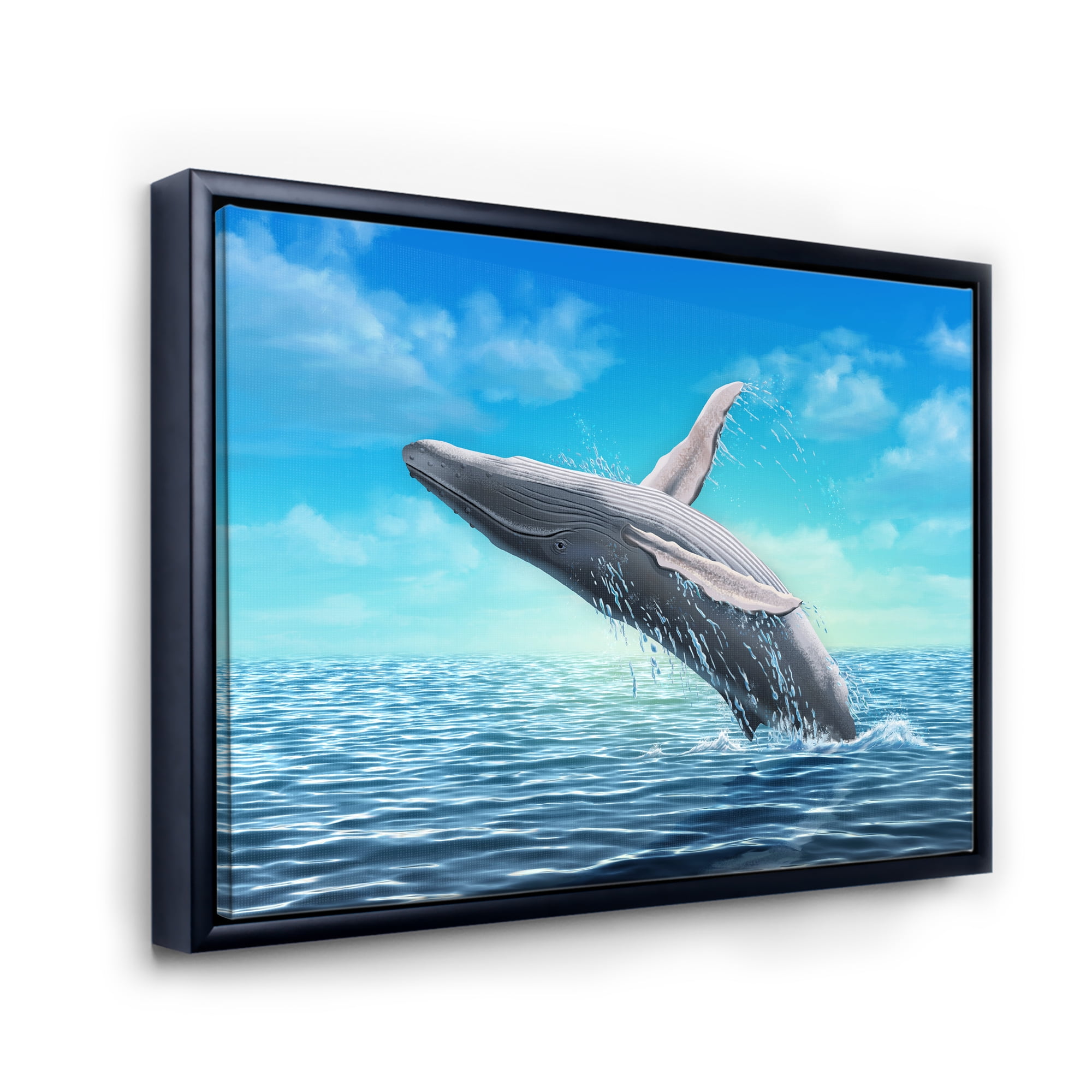Humpback Whale Jumping Out of Sea 32 in x 24 in Framed Painting Canvas Art Print, by Designart