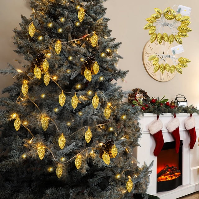Xihbxyly Luces Navideñas de Piña, Decoración con Led, Brillo Dorado para Un Ambiente Festivo, Funciona con Pilas, Ideal para Árboles, Repisas, Exteriores E Interiores, Vacaciones, 300 Cm de Largo