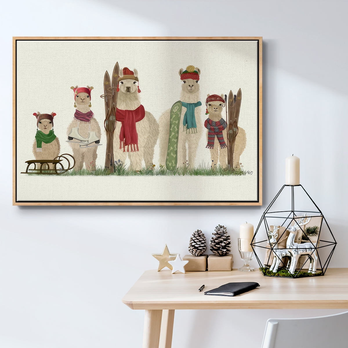 Llama Family Winter Sports - Framed Gallery Wrapped Holiday Canvas - 17 x 25 - Natural Wood Frame