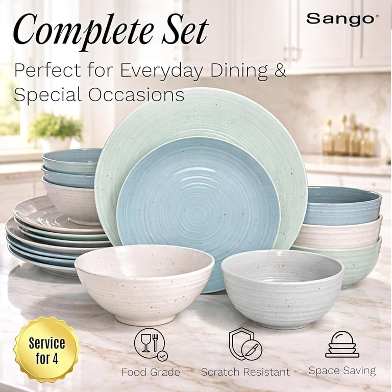 16-Piece Stoneware Dinnerware Set for 4, Chip-Resistant Plates and ...
