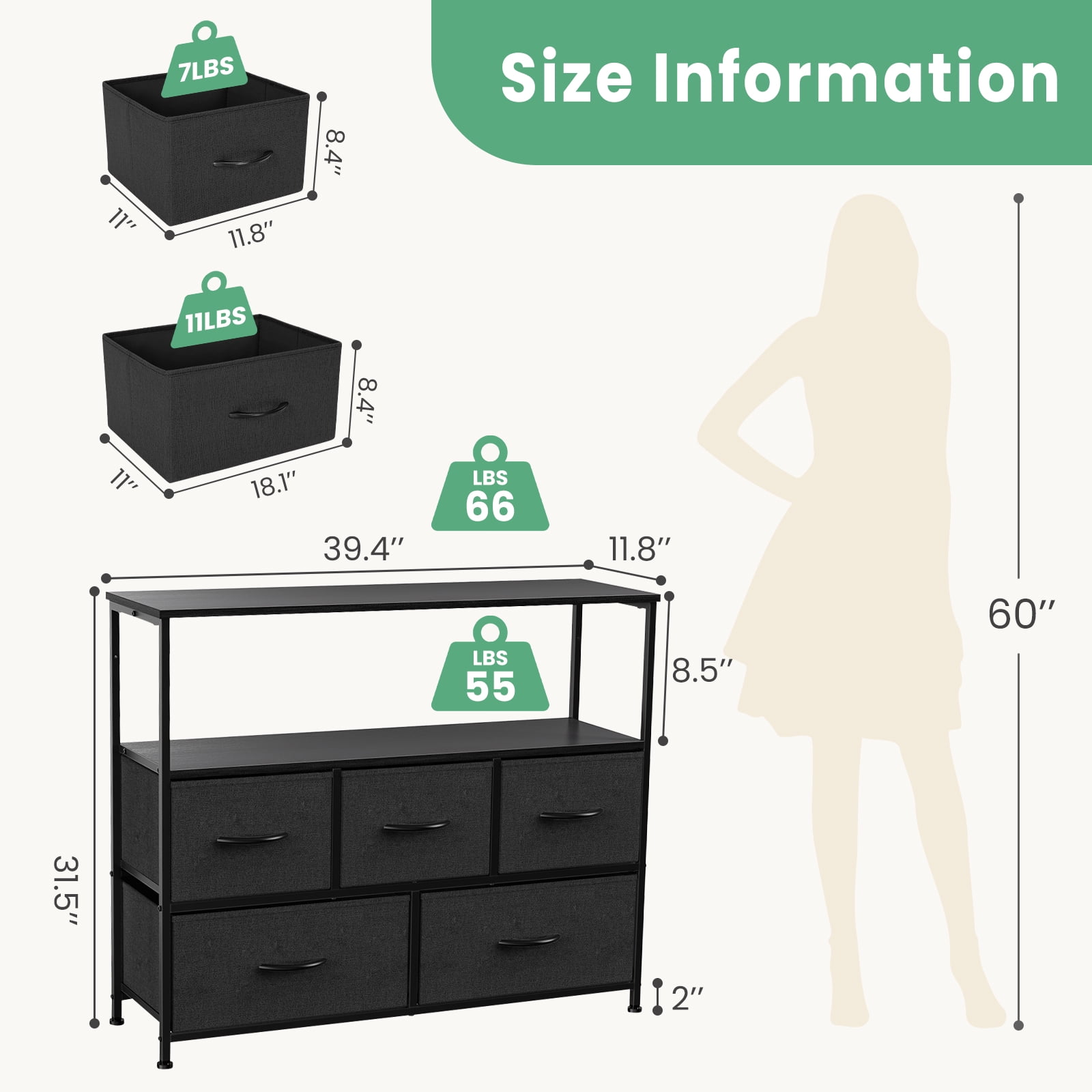 GIANNA TV Cabinet Stand, 5 Fabric Drawers & Adjustable Feet for Bedroom, Black
