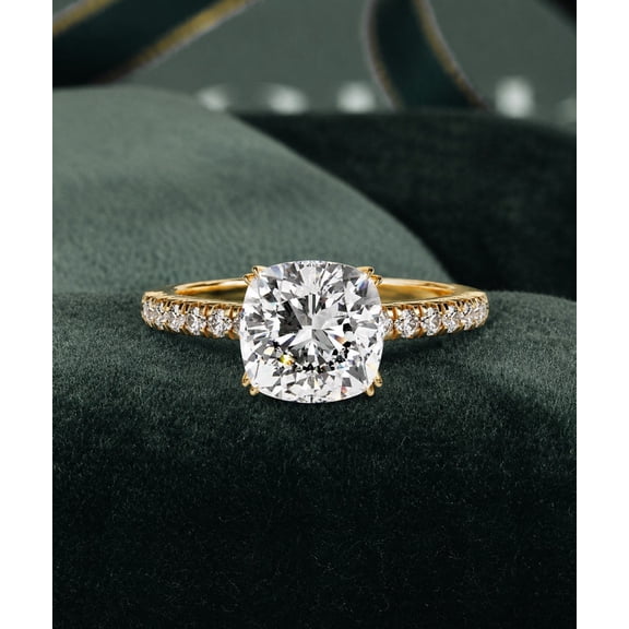 GIMELIS 5.23 CT Cushion Cut IGI Certified Lab Grown Diamond Pave Set Engagement Ring in Yellow Gold