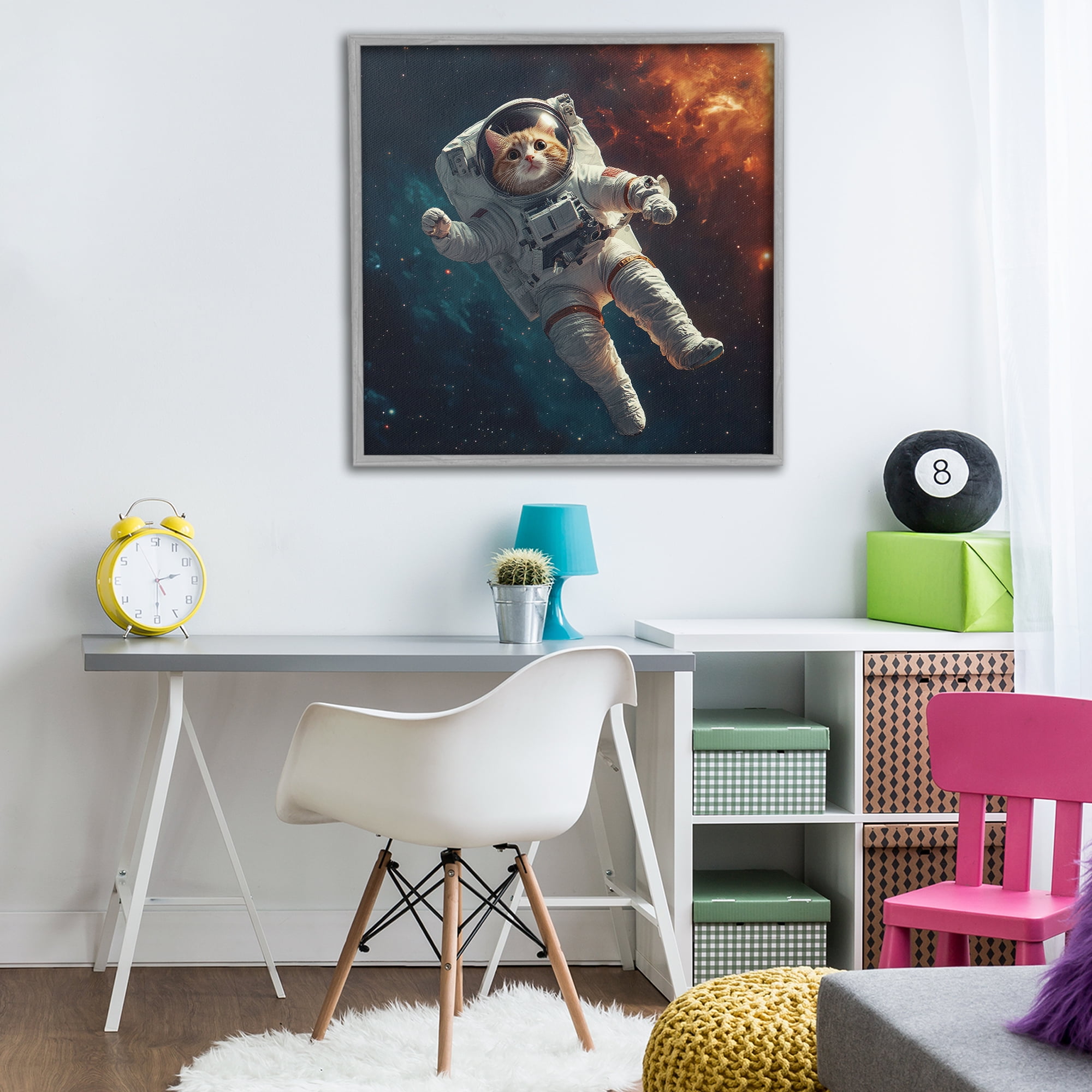 Interstellar Cat Astronaut Gray Framed Giclee Art, design by Jim Baldwin