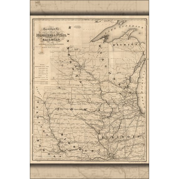 24"x36" Gallery Poster, Map of Milwaukee & St. Paul Railroad 1865