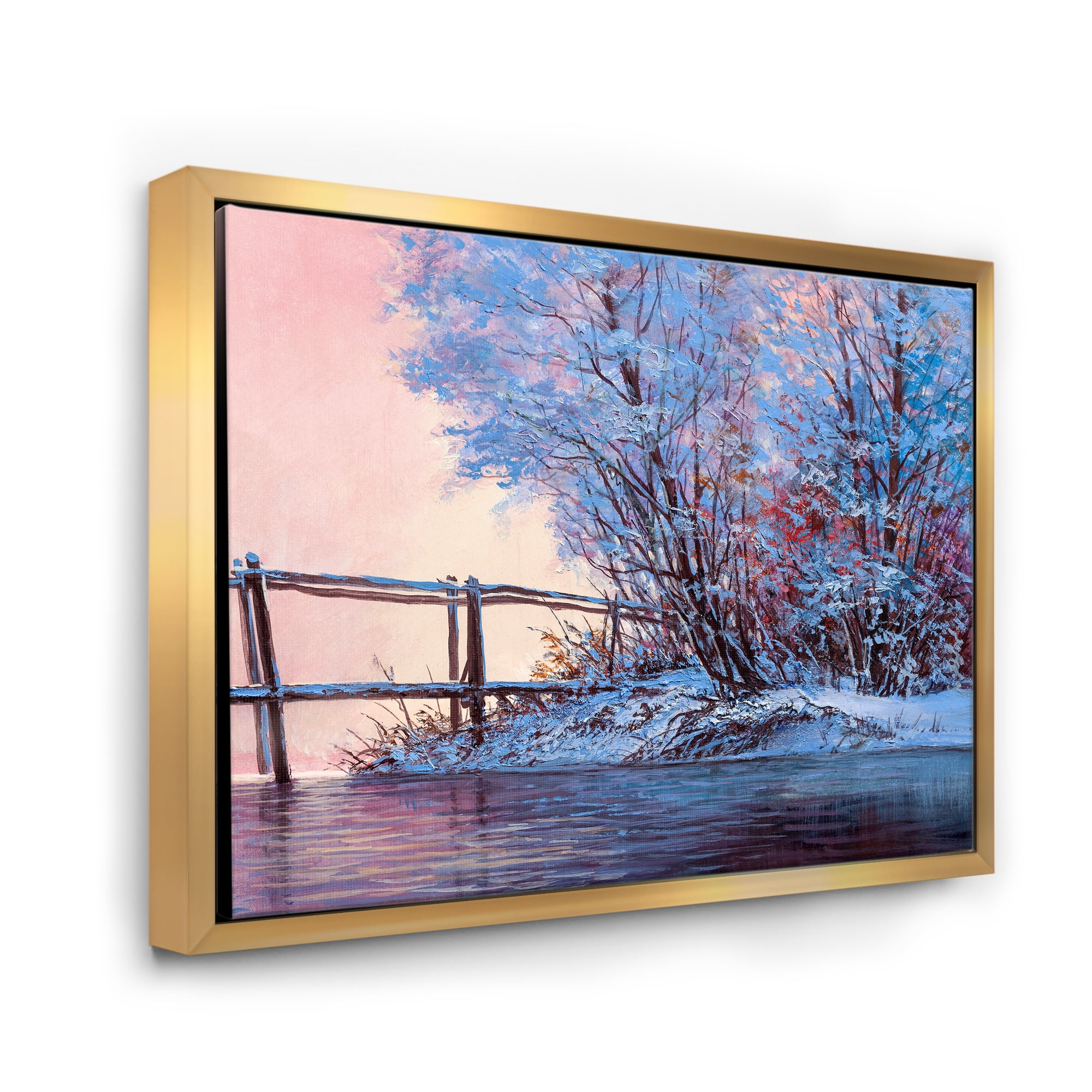 Designart 'Bridge Of Meandering River With Winter Scenery I' Lake House Framed Canvas Wall Art Print