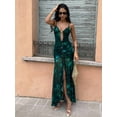 thumbnail image 6 of Green Deep V-Neck Ruched Mesh Slip Maxi Dress With High Slit For Women Summer Beach Elegant, 6 of 8