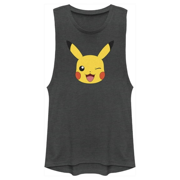 Junior's Pokemon Pikachu Wink Face Festival Muscle Graphic Tee Charcoal Large