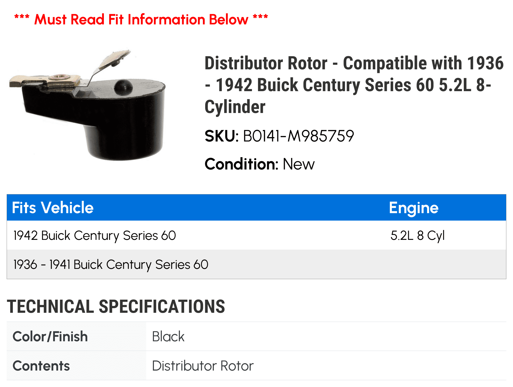 Distributor Rotor - Compatible with 1936 - 1942 Buick Century