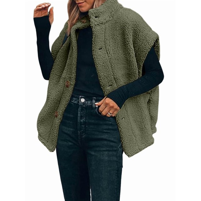 Veste Sans Manches en Molleton Peluche pour Femme, Décontractée, Ample, Chaude, Boutonnée, avec Poches, Verte, P
