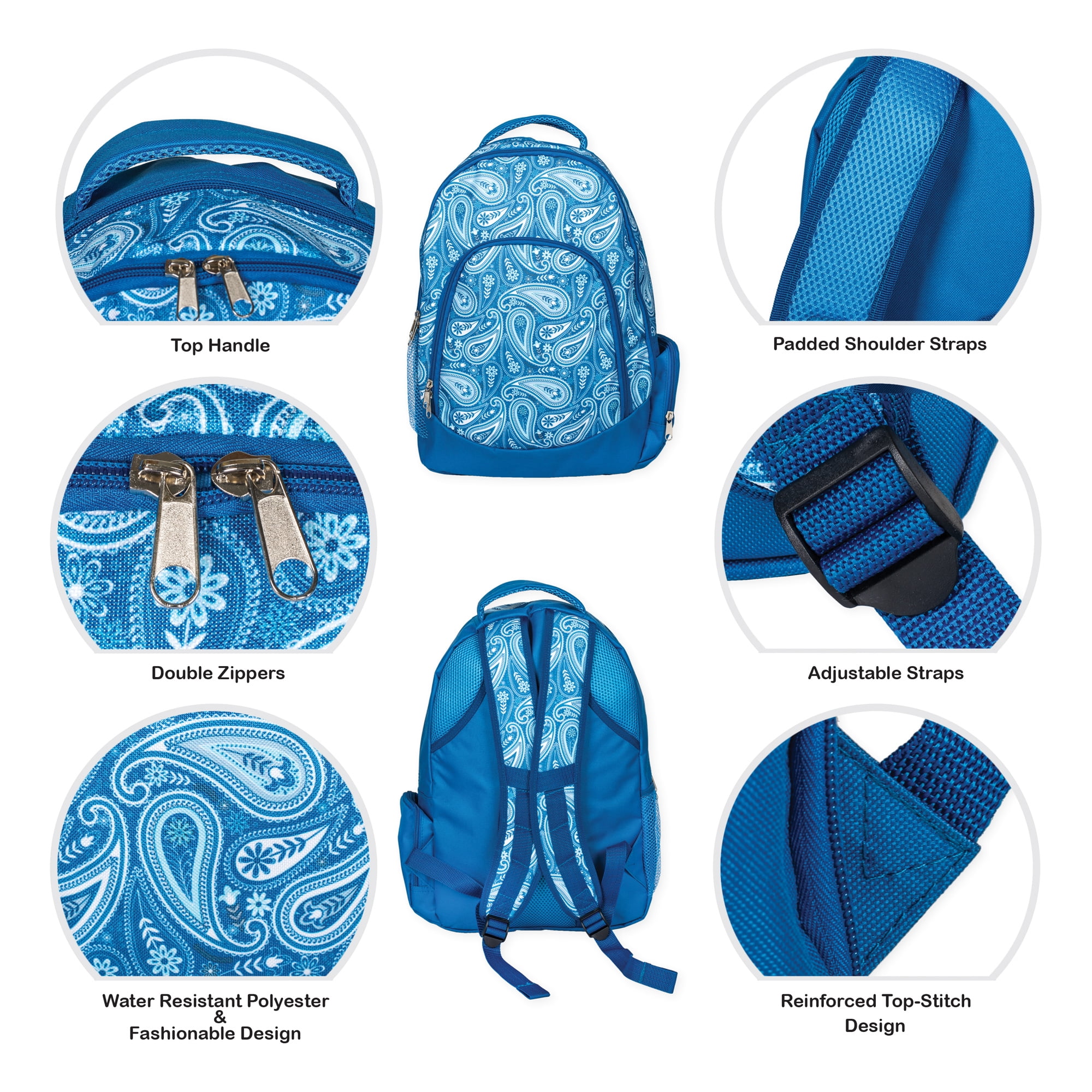 Class Collections Reinforced and Water Resistant Padded Laptop School Backpack and Insulated Soft Cooler Lunch Bag Set, Blue Paisley