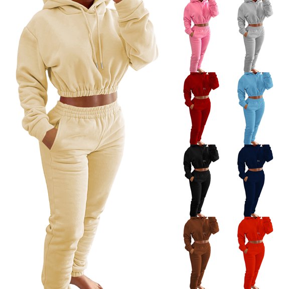 Qeaghou Women 2 Piece Tracksuit Outfits Long Sleeve Crop Hoodies Sweatpant Jogger Set Casual Sweatsuits With Pockets Sales