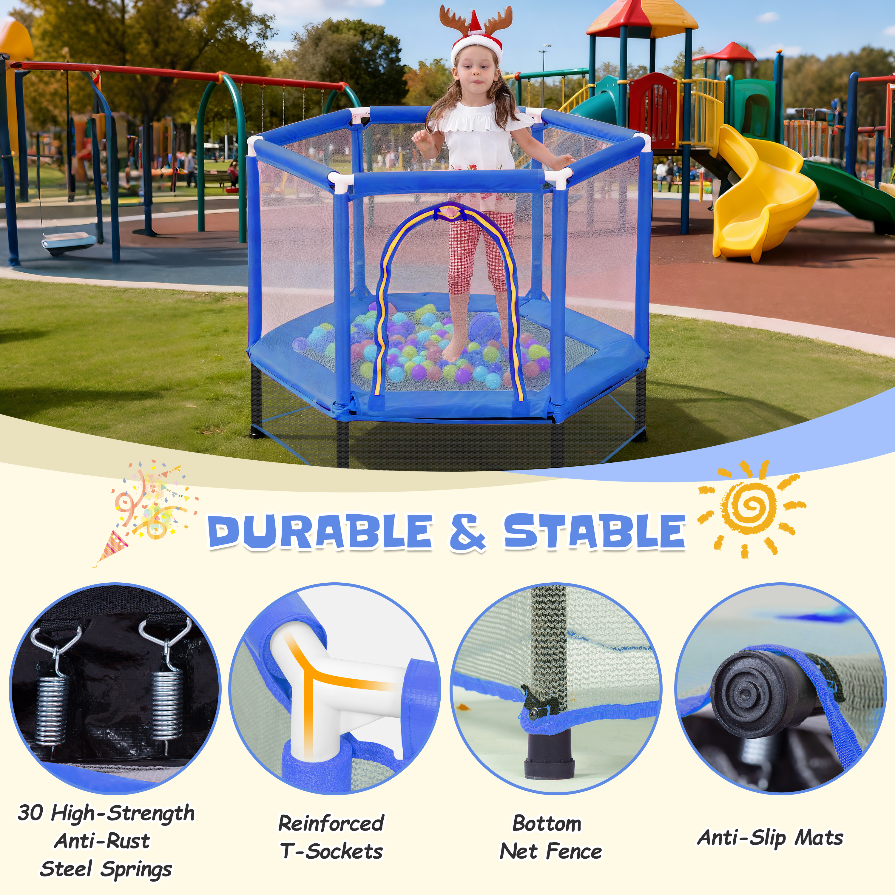 EUROCO 55" Mini Toddler Trampoline with Ocean Balls, No-Gap Design, Small Round Trampoline for Kids with Upper&Lower Safety Net