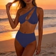 thumbnail image 2 of Women One Shoulder Bikini Swimsuit Hollow Out Halter High Waist Trunks Quick Dry Stretchy 2 Piece Bathing Suit (L, Navy), 2 of 9