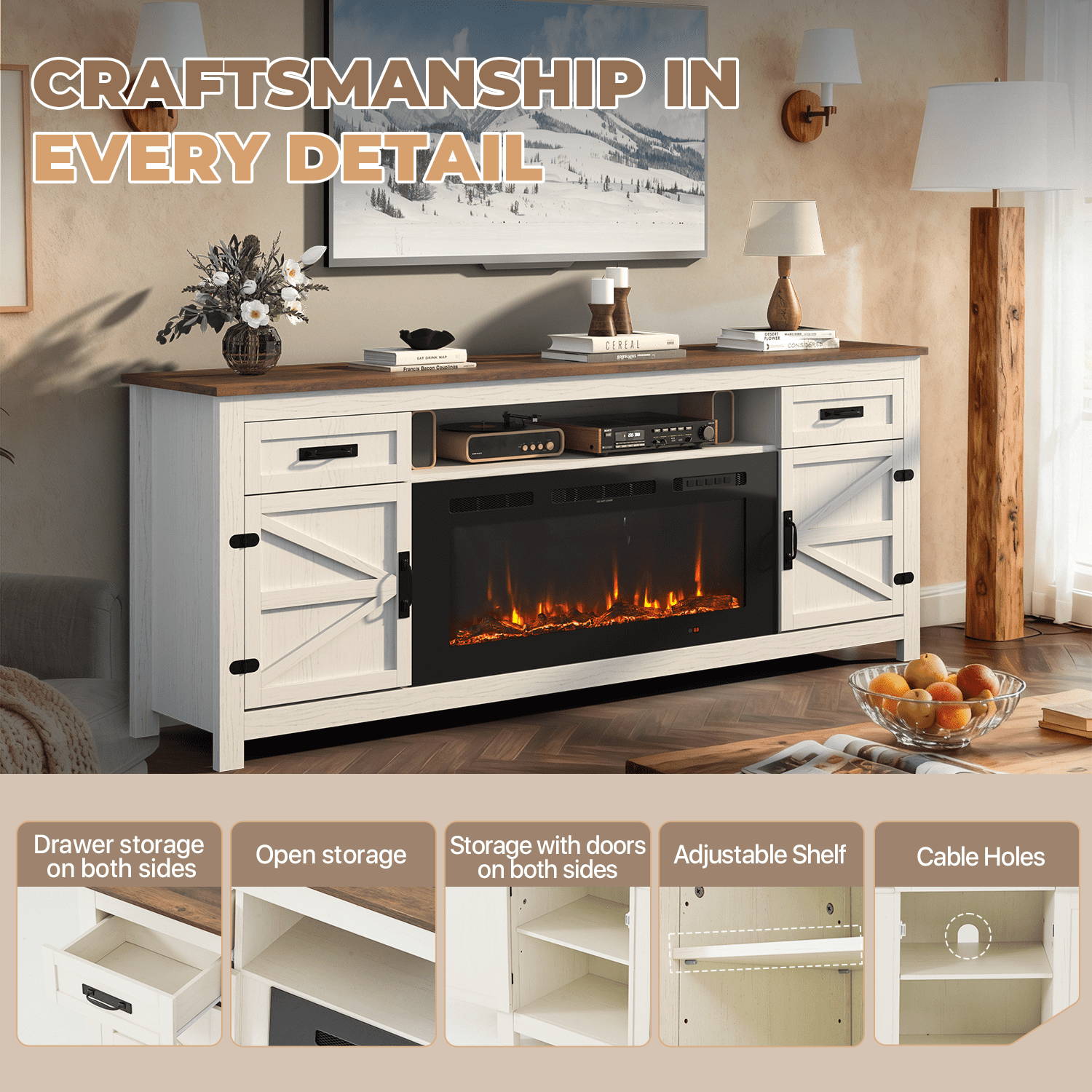 BaPiPro 70" Electric Fireplace TV Stand, Farmhouse Entertainment Center for TVs up to 80" with Storage Drawers, White