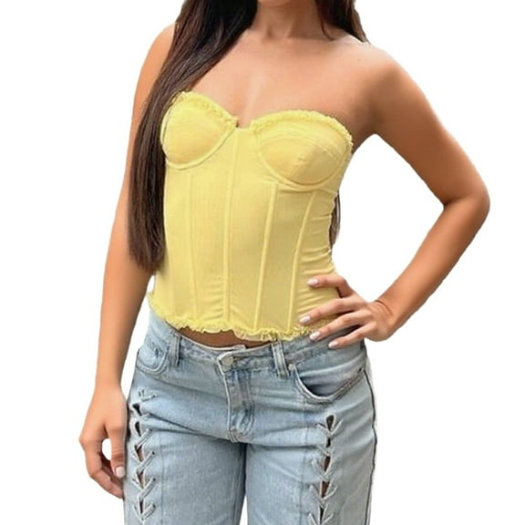 KHONTS,Women's Y2k Bustier Corset Tops Going out Overbust Corset Tops Sexy Strapless Lace up Boned Mesh Bustier Tops Yellow XL
