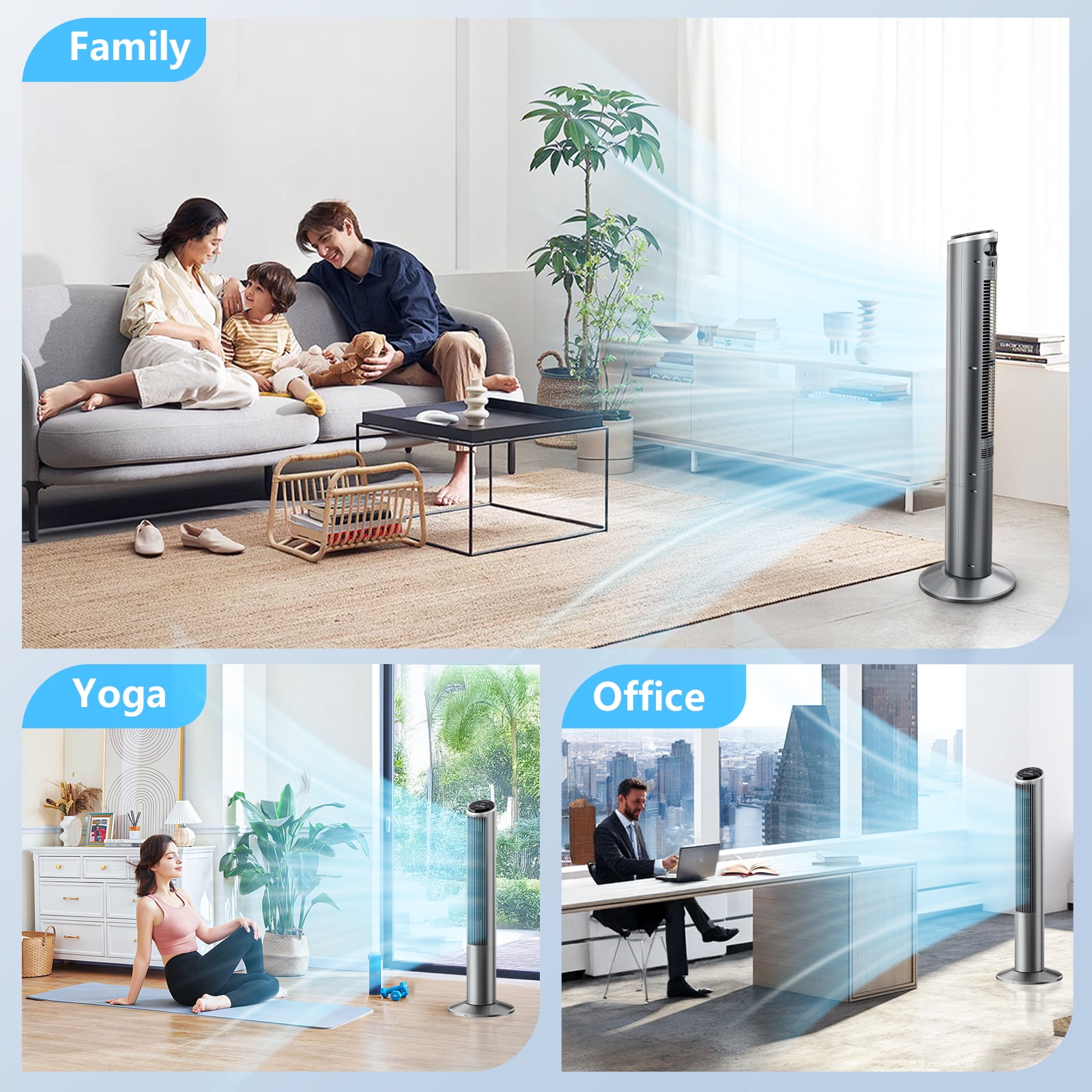 Qunler Tower Fan with Remote, 40" Bladeless Fan for Home, 70° Oscillation, 3 Speeds, 2 Modes, 15H Timer Quiet AC Motor Floor Fan for Bedroom, Office, Gray