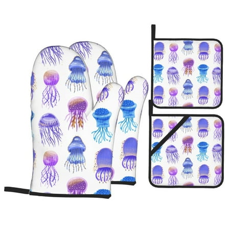 

Oven Mitts and Pot Holders 4 Piece Blue-Purple Jellyfish High Heat Slip Resistant Oven Mitt and Trivets Set Kitchen Oven Glove Pot Holders for Cooking Baking Grilling