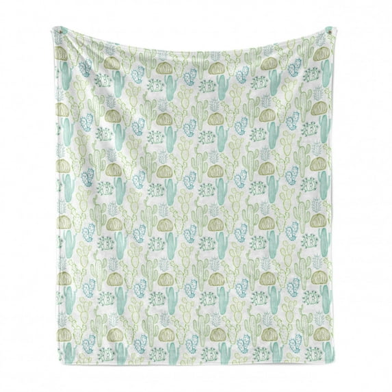 Cactus Soft Flannel Fleece Blanket, Prickle Plants Botanical Hand Drawn Like of Cacti Outline Drawings, Cozy Plush for Indoor and Outdoor Use, 50" x 70", Dark Seafoam and Pale Green, by Ambesonne