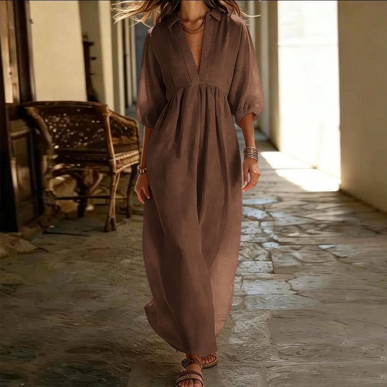 ready made cotton dresses YuXingFu Womens Cotton Dresses with Sleeves Maxi V-Neck Plus Size Womens  Dress 3/4 Sleeve Solid Color Long Casual Summer Coffee S